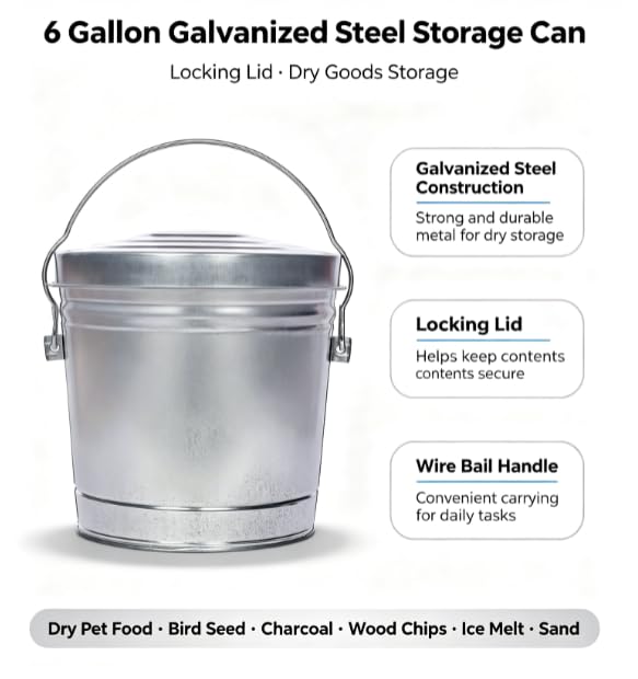 Galvanized Steel 6 Gallon Storage Can with Locking Lid R755795