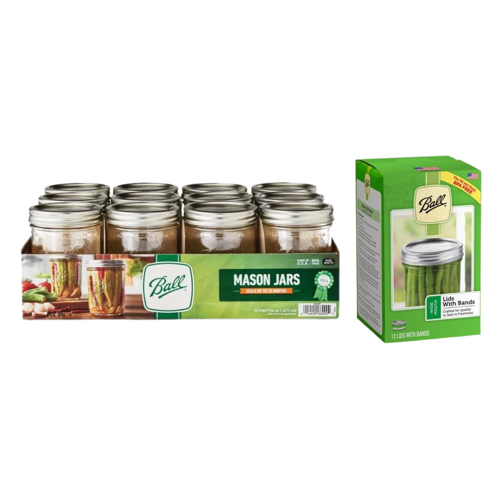 Wide Mouth Glass Mason Jars with Lids and Bands, 12 Pint Size 16 Ounce O92372