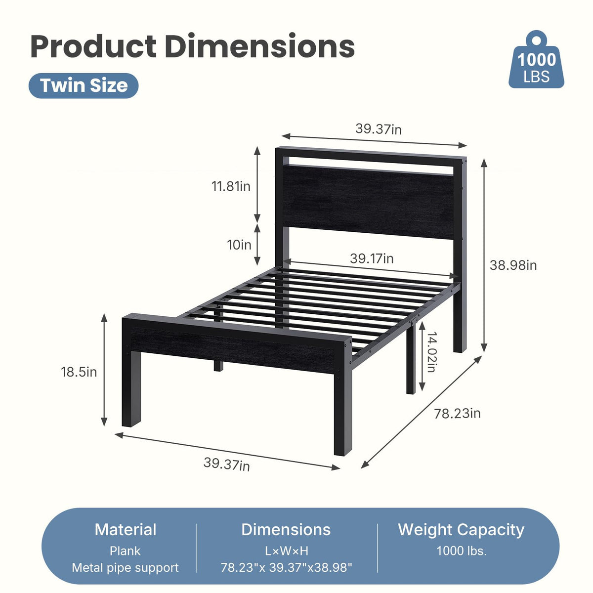14 Inch Twin Size Metal Bed Frame with Wood Headboard Q36189