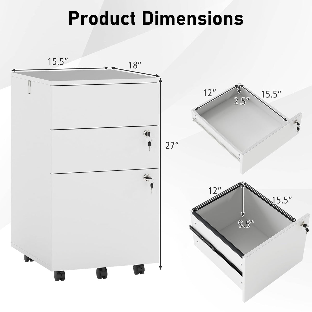 White 3 Drawer File Cabinet with Lock J439