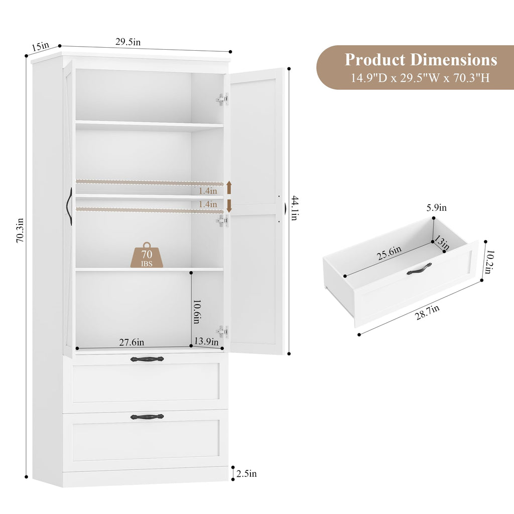 70" White Kitchen Pantry Storage Cabinet Q680029