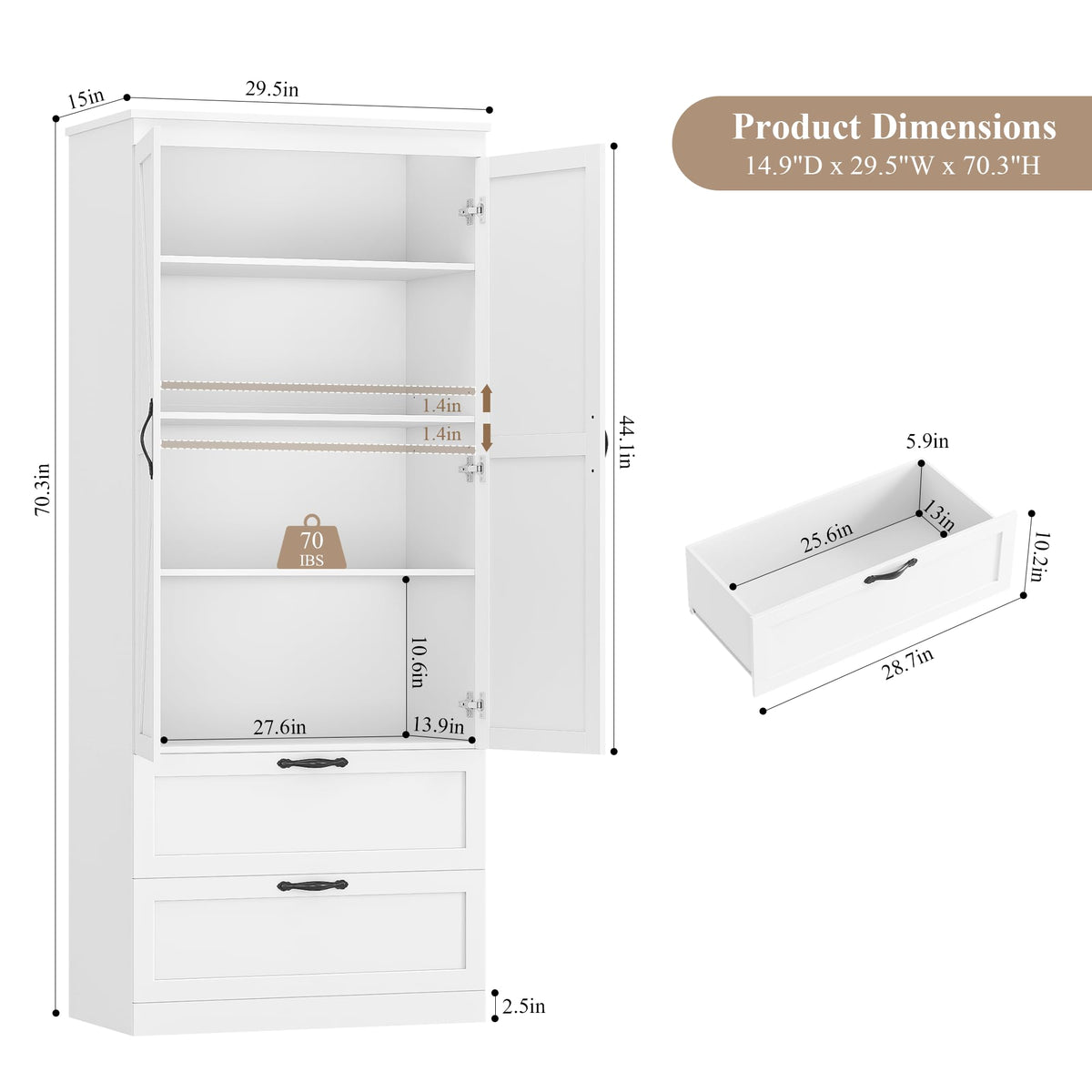 70" White Kitchen Pantry Storage Cabinet Q680029