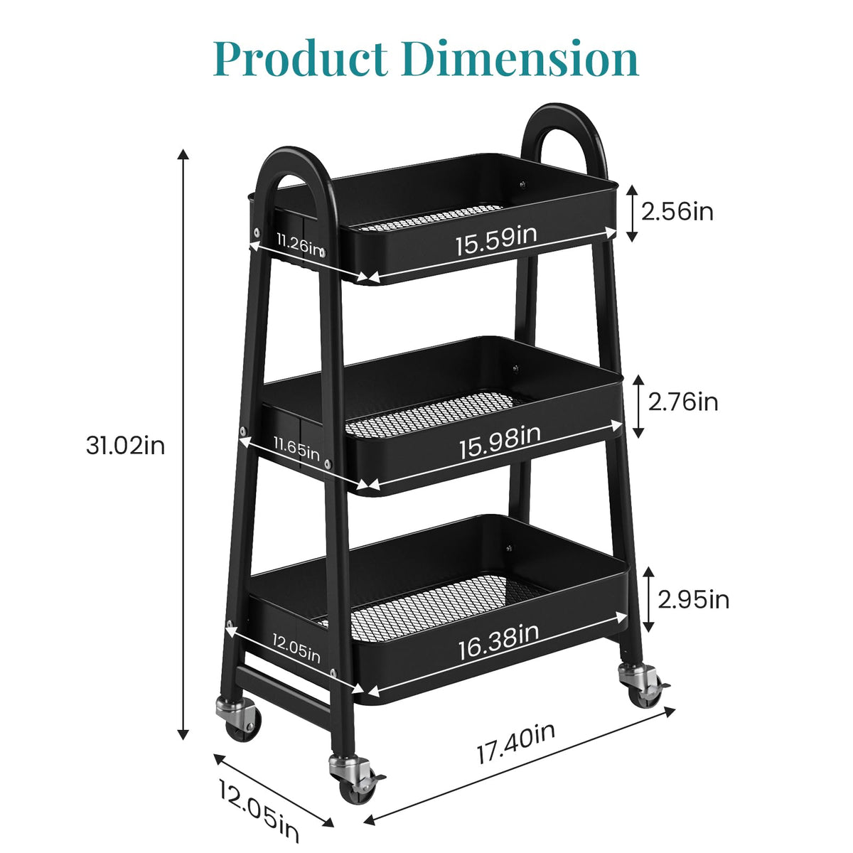 3-Tier Metal Rolling Utility Cart with Lockable Wheels P439301
