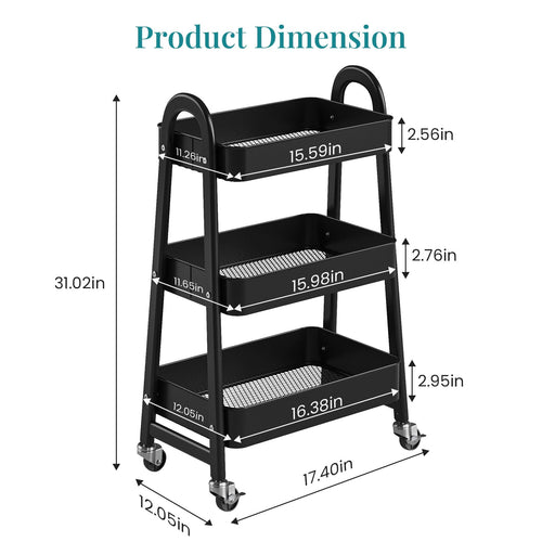 3-Tier Metal Rolling Utility Cart with Lockable Wheels P439301