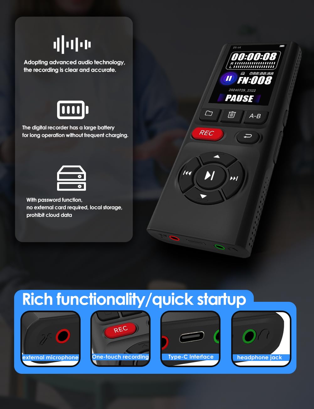64GB Digital Voice Recorder with Playback USB N767321