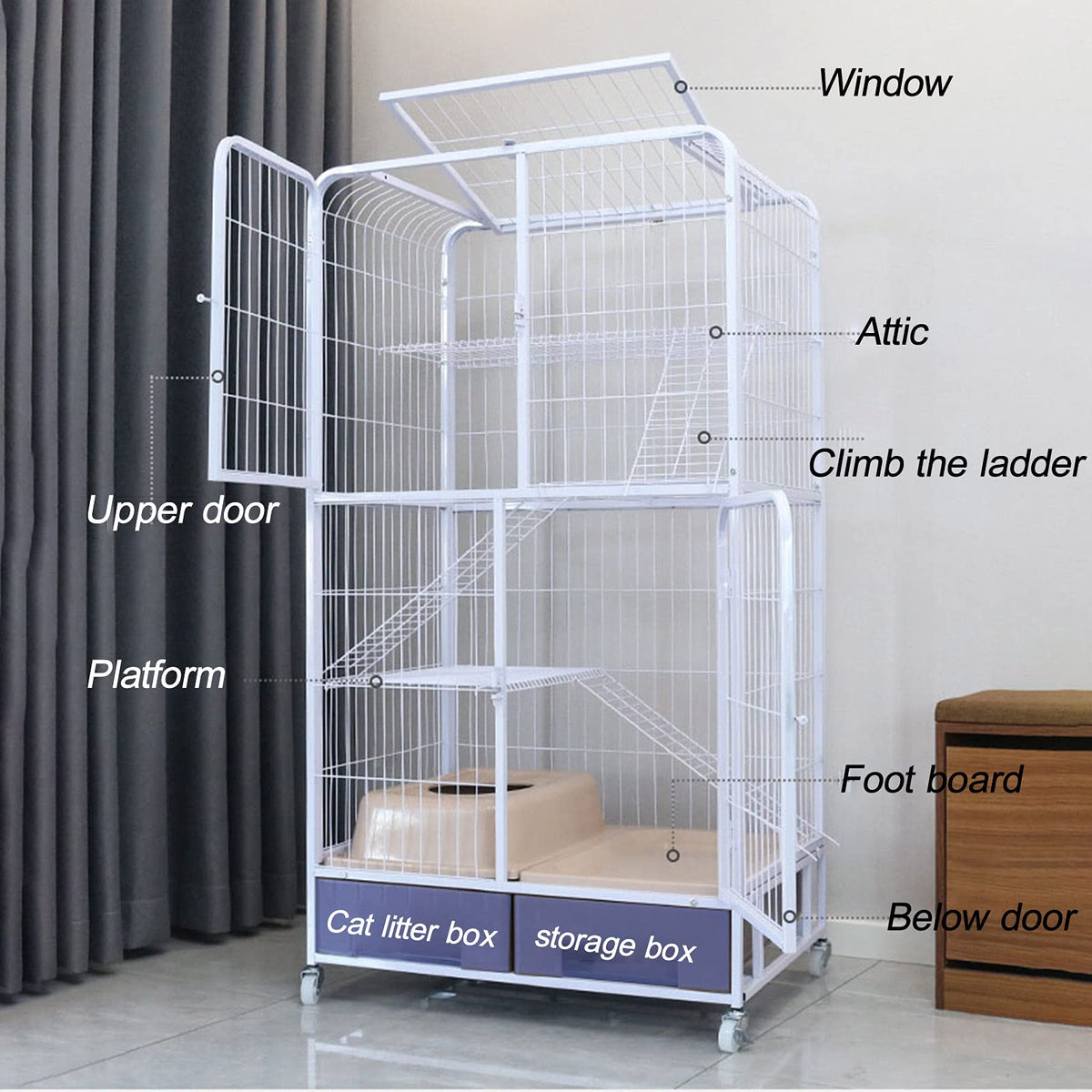 Pink Folding Metal Cat Cage Dog Crate with Four Wheels T593