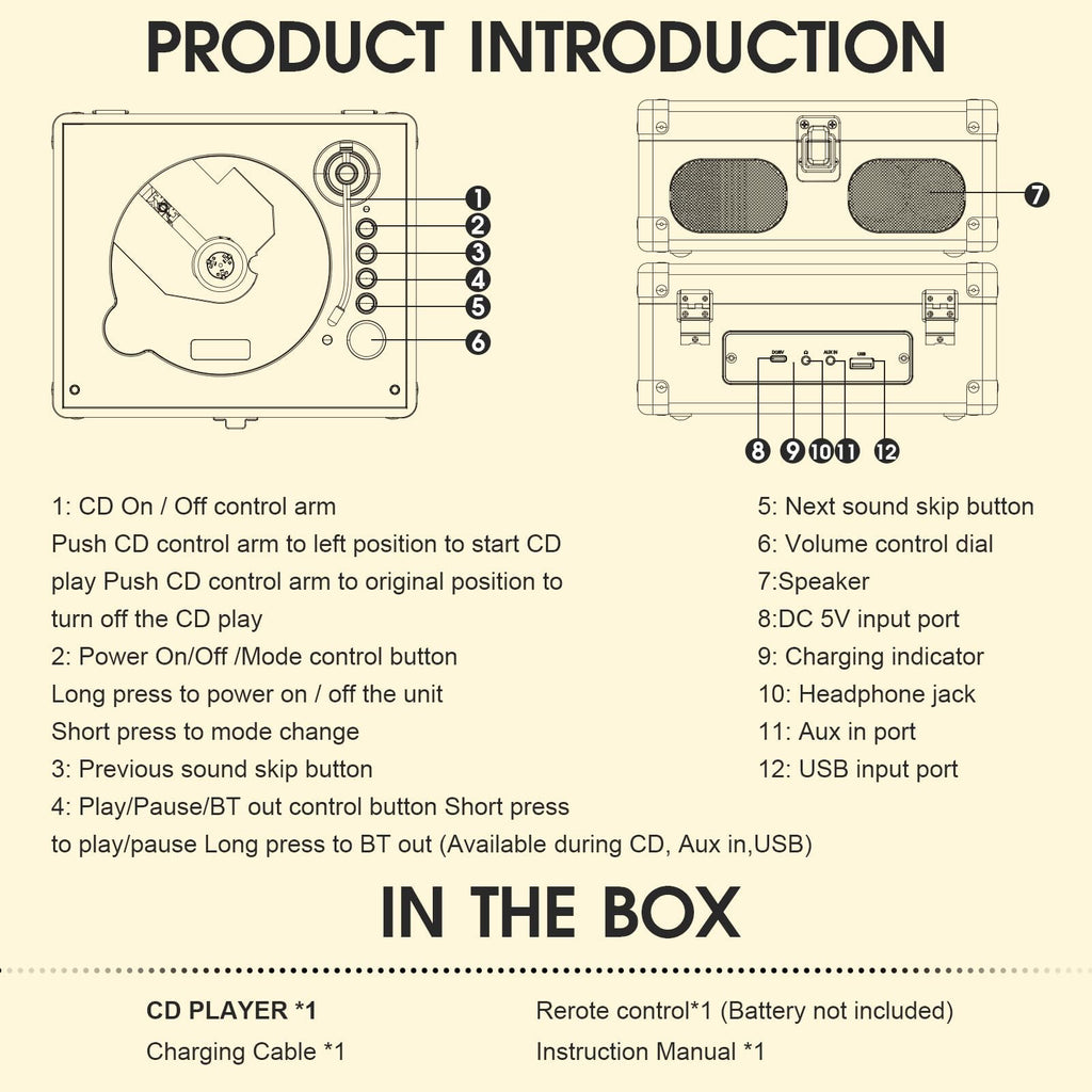 Black Portable CD Player with Speakers, Bluetooth, Remote Control, USB Playback M37497