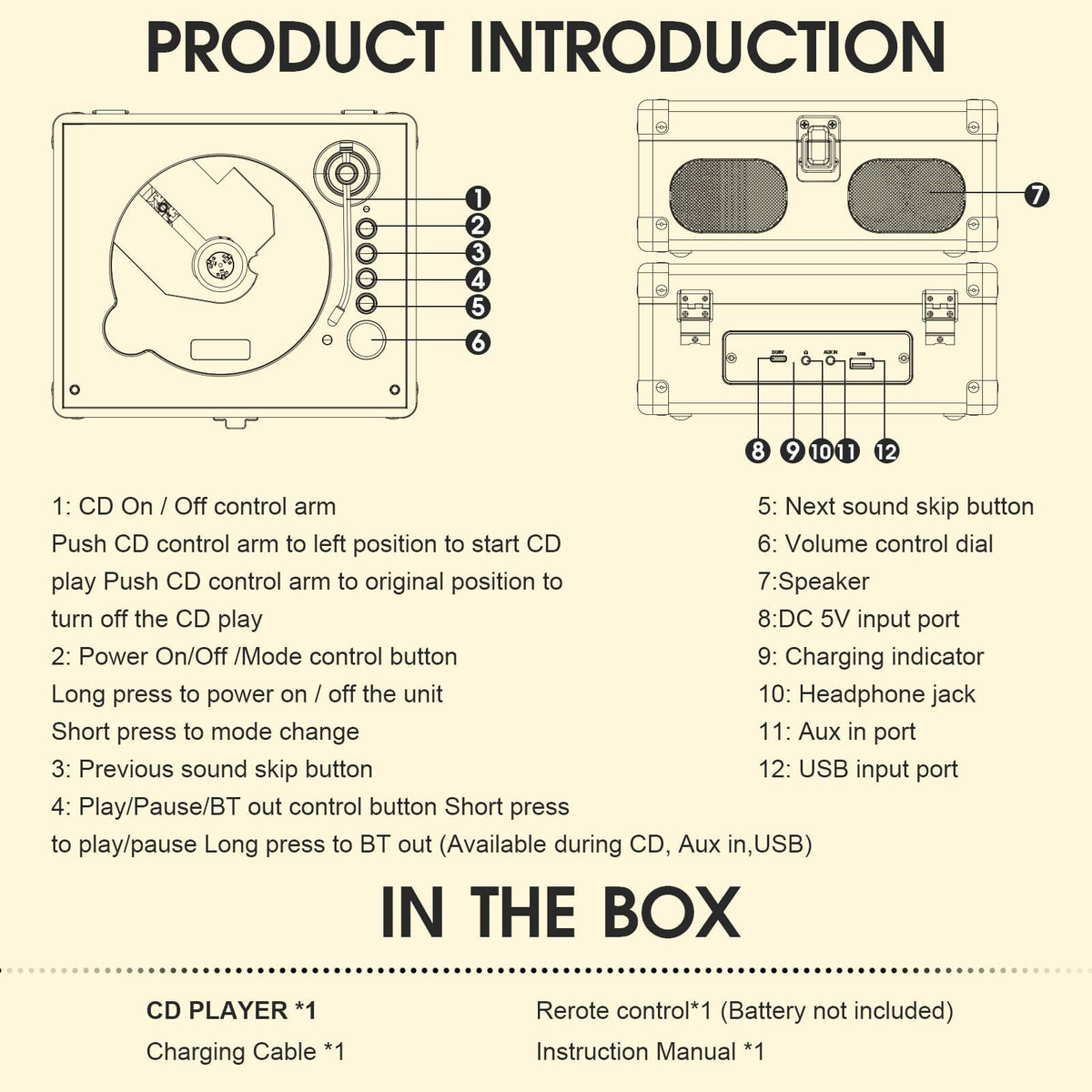 Black Portable CD Player with Speakers, Bluetooth, Remote Control, USB Playback M37497