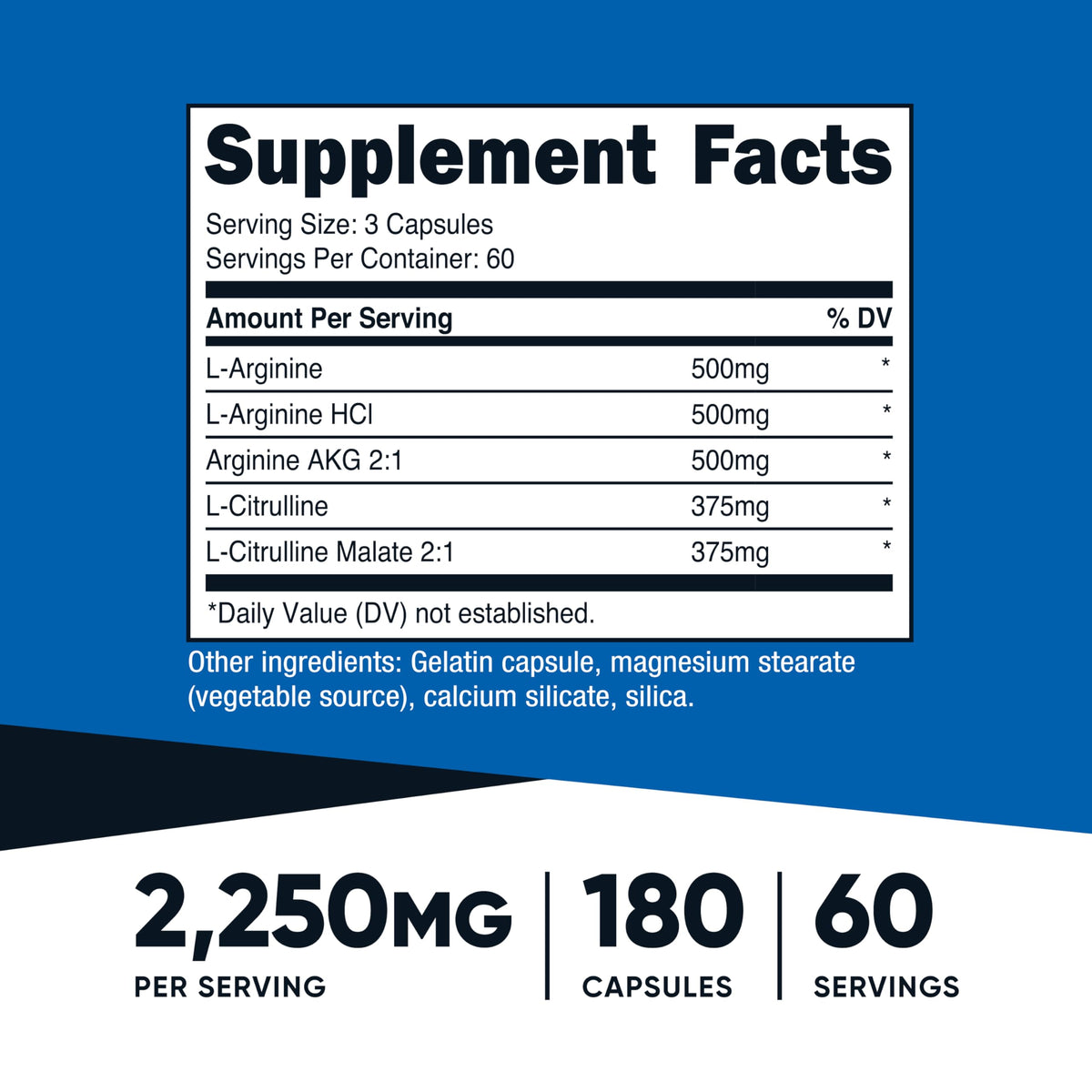 Nitric Oxide Booster 2250mg 180 Capsules Gluten Free A82302
