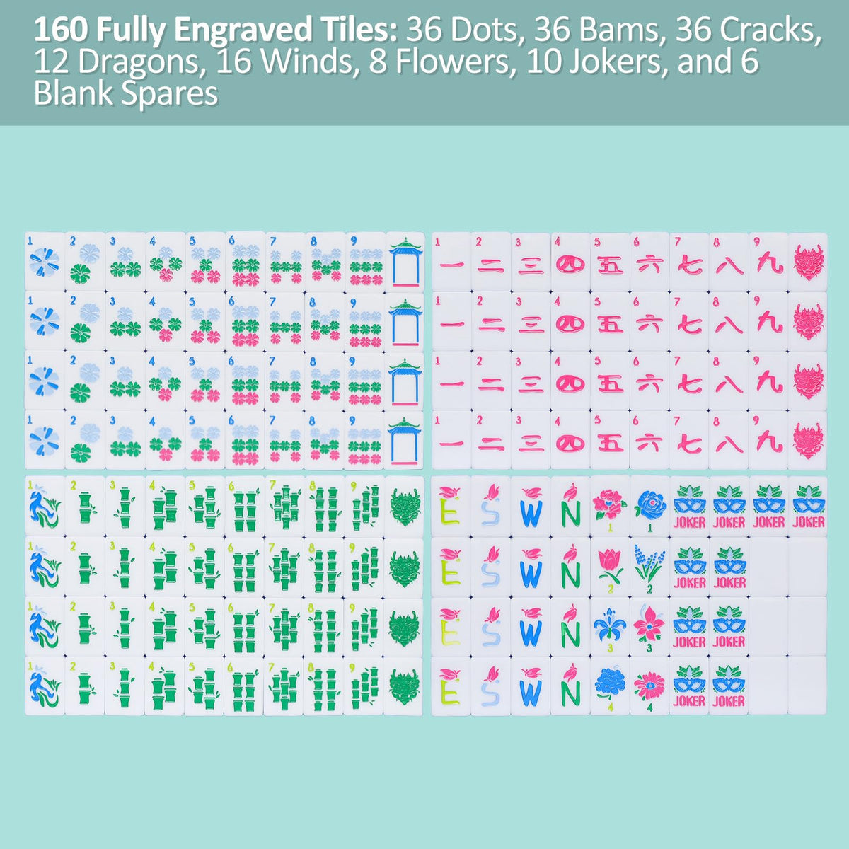 American Mahjong Set with Blue Carrying Bag, 160 Acrylic Tiles, 4 Rack/Pushers H282