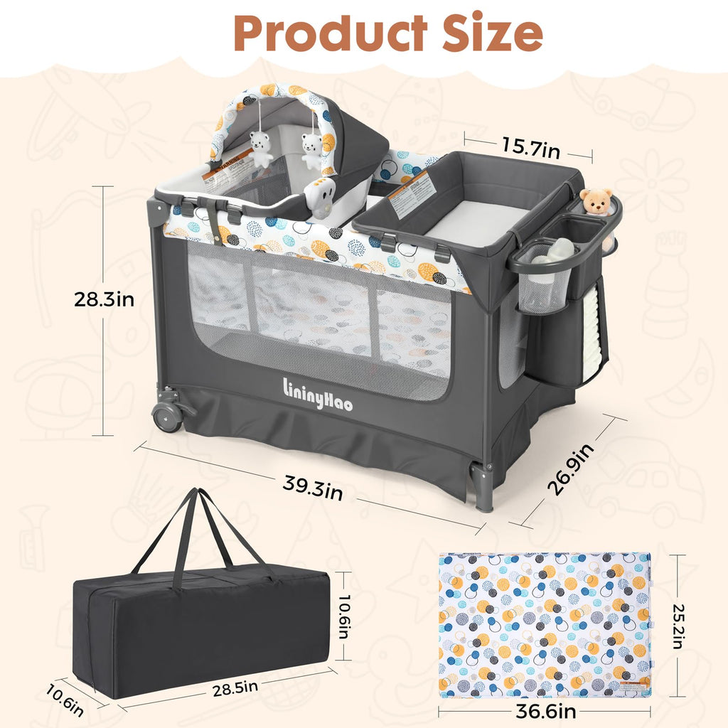 5-in-1 Pack and Play with Bassinet, Changing Table and Mat, Gray W661974