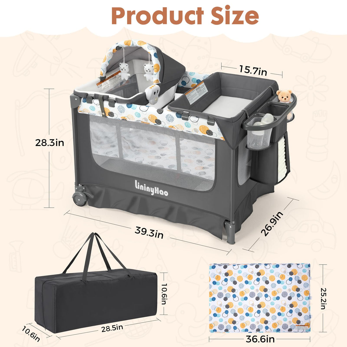 5-in-1 Pack and Play with Bassinet, Changing Table and Mat, Gray W661974