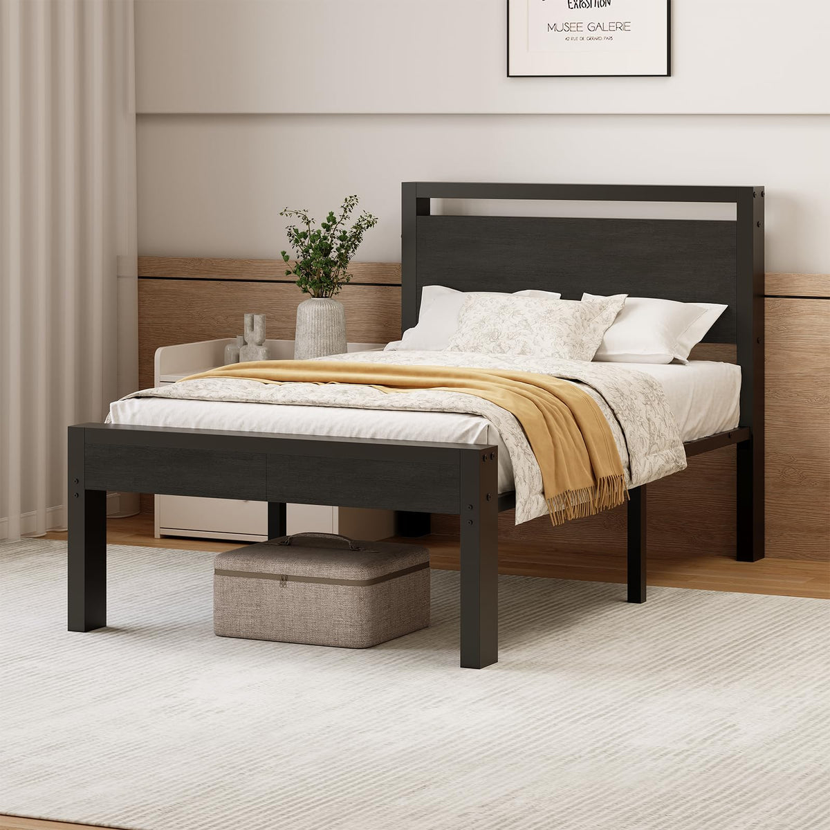 14 Inch Twin Size Metal Bed Frame with Wood Headboard Q36189