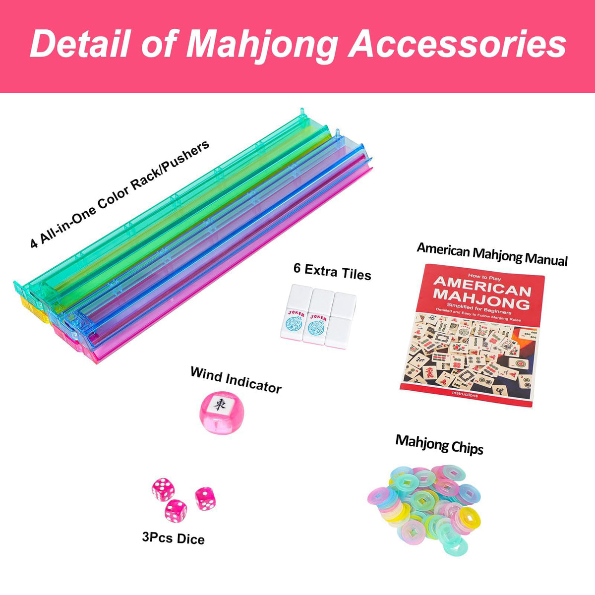 American Mahjong Game Set, 166 Pink Tiles, 4 All-in-One Color Rack/Pushers & Drawstring Bag K87127
