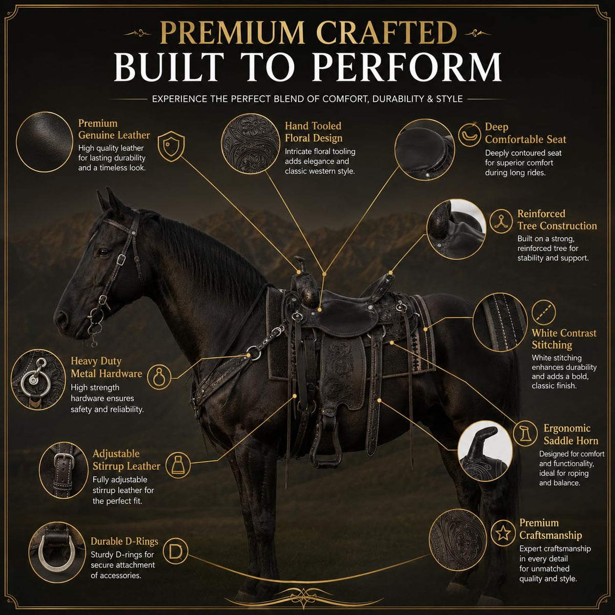 Black Floral Tooled Leather Western Saddles Combo Tack Set N244615