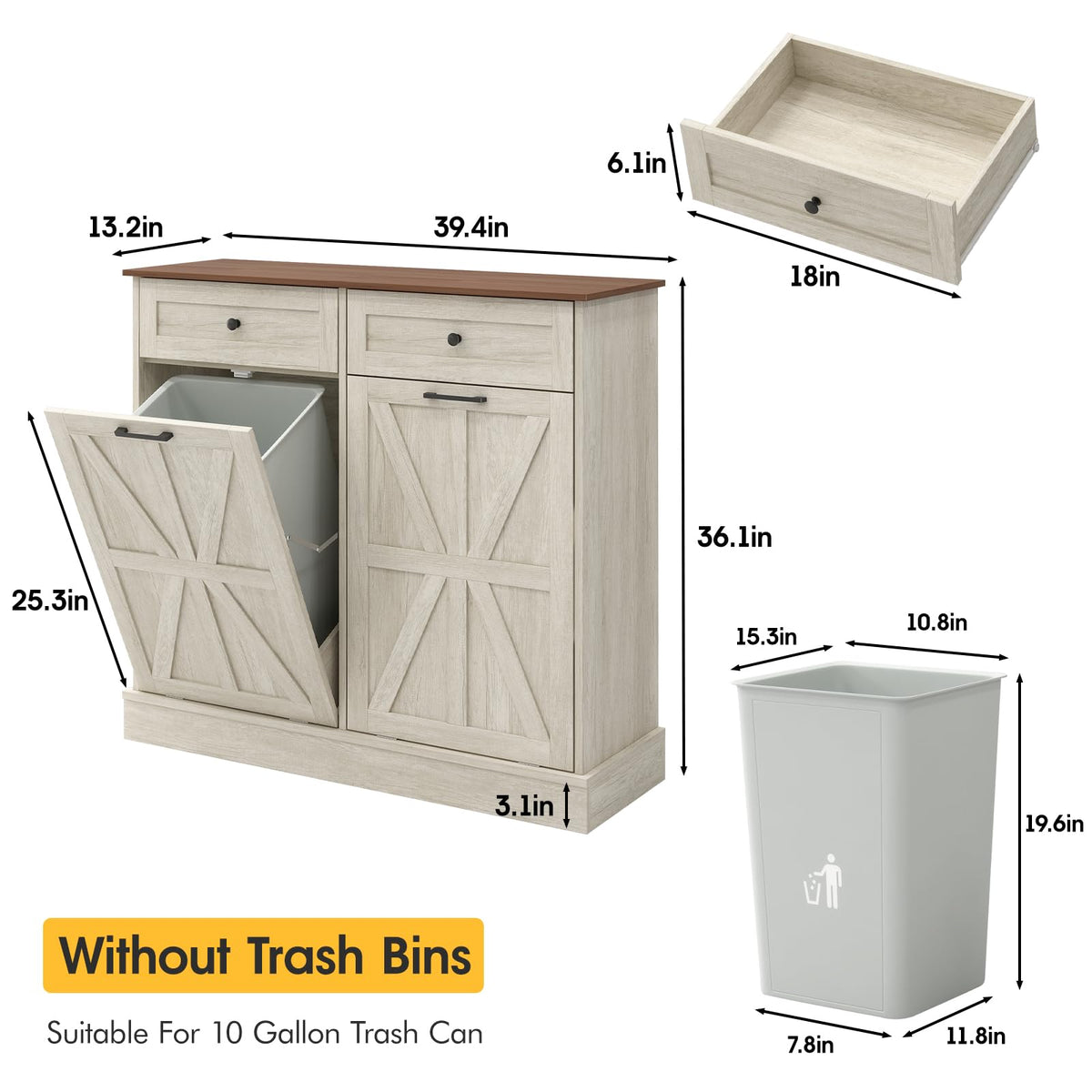 Double Tilt Out Trash Bin Holder Walnut White Wooden 10 Gallon N4198
