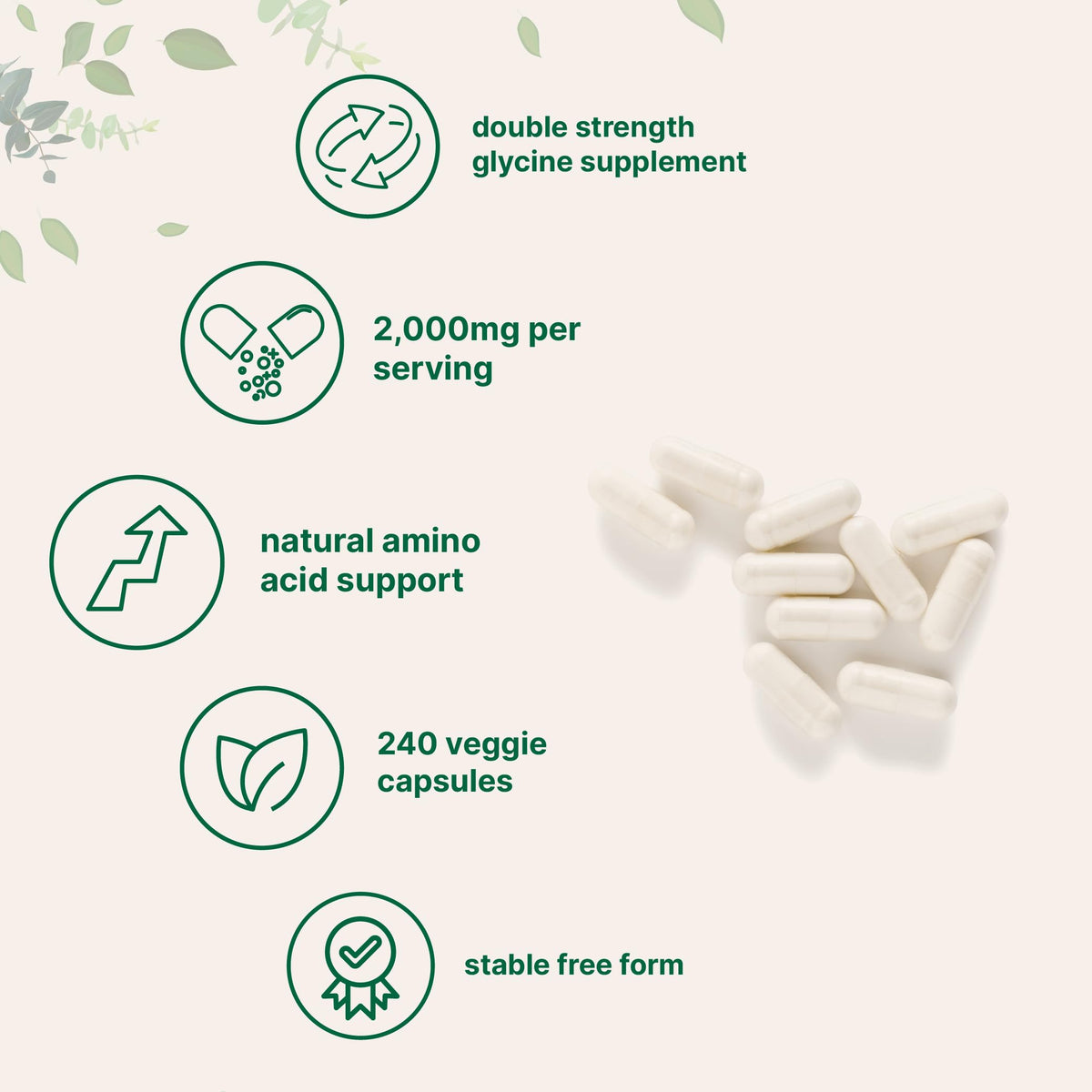 Glycine 2,000mg 240 Veggie Capsules Double Strength Amino Acids P517