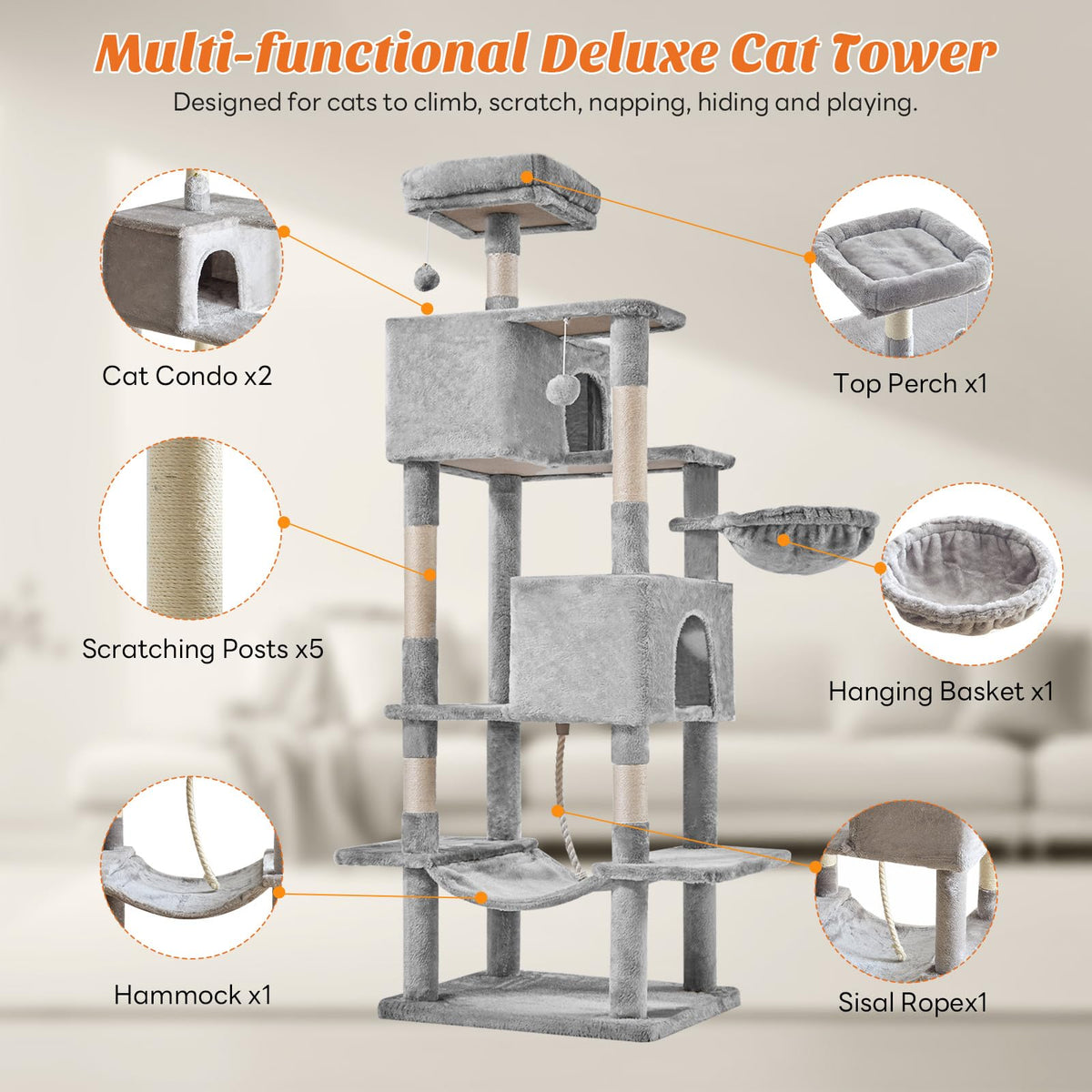 66 Inch Cat Tree Tower with Sisal Scratching Post Q96795