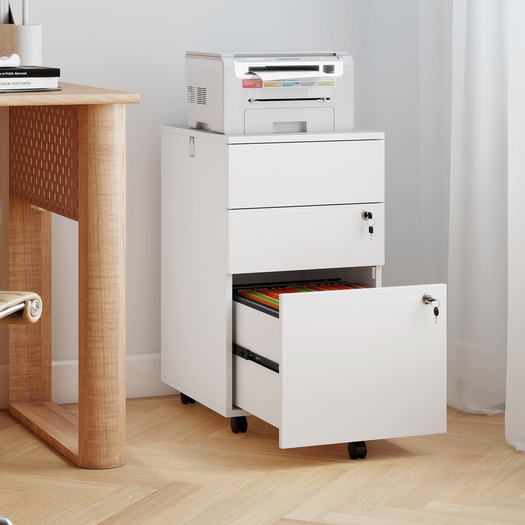 White 3 Drawer File Cabinet with Lock J439