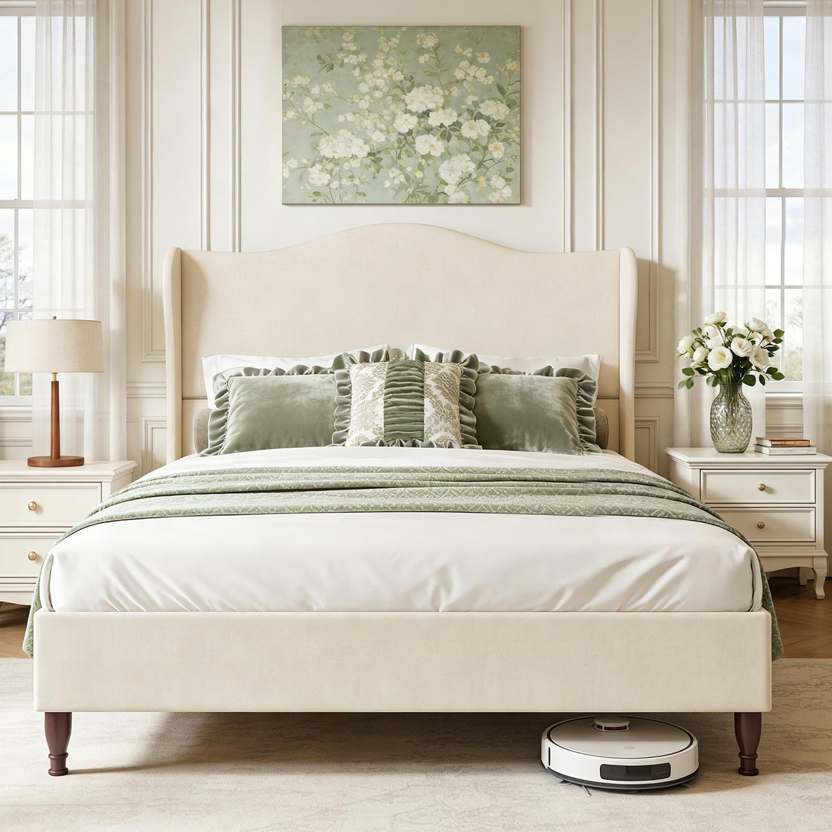 Queen Size Fabric Upholstered Platform Bed with Wooden Slats B5153