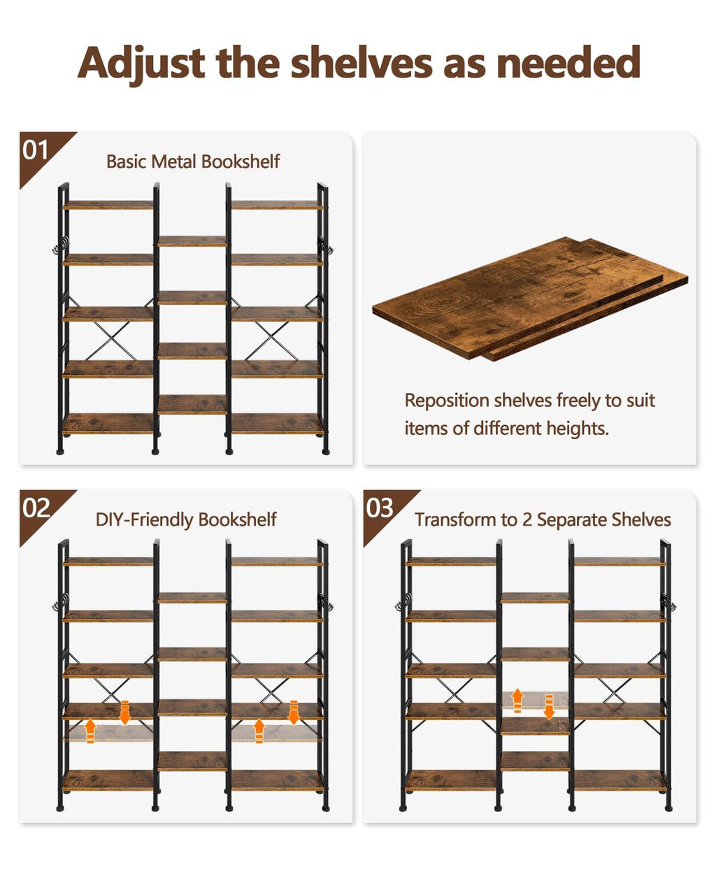 5 Tier Wide Bookshelf with 6 Hooks B463520