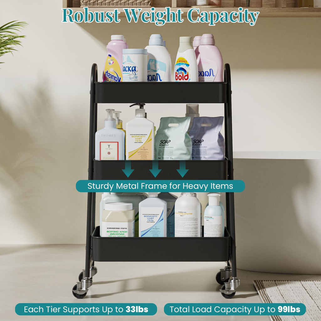 3-Tier Metal Rolling Utility Cart with Lockable Wheels P439301