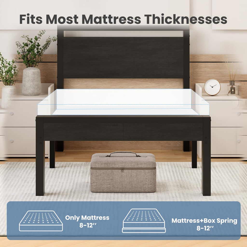 14 Inch Twin Size Metal Bed Frame with Wood Headboard Q36189