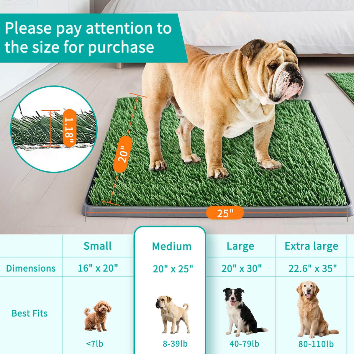 Dog Grass Pad with Tray 25"X20" Artificial Turf Pet Potty X40117