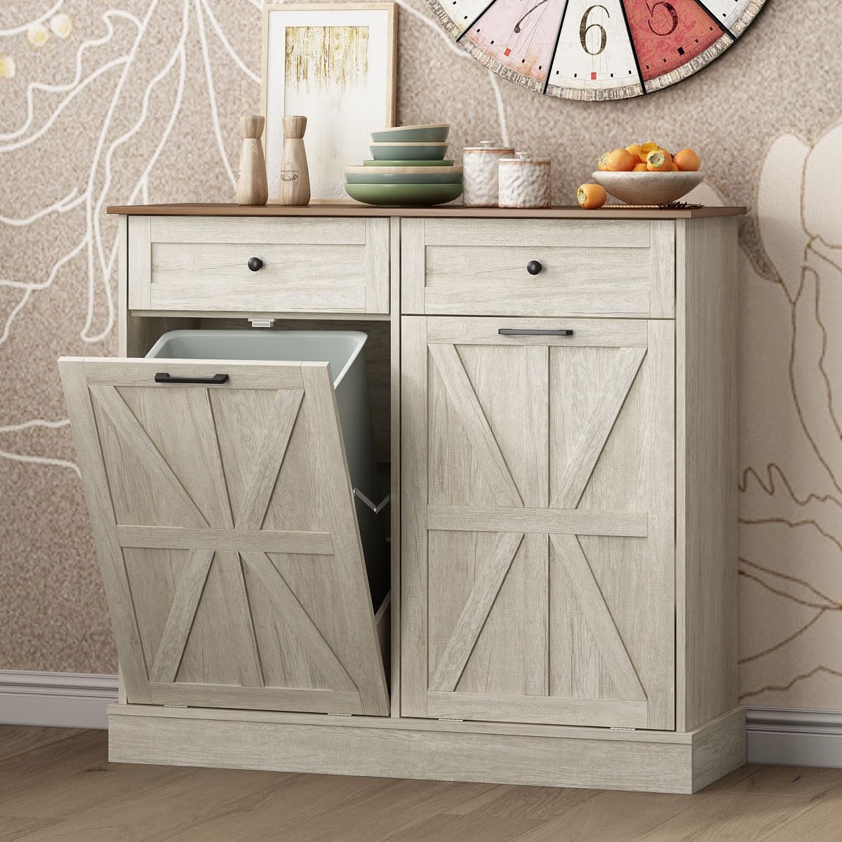 Double Tilt Out Trash Bin Holder Walnut White Wooden 10 Gallon N4198