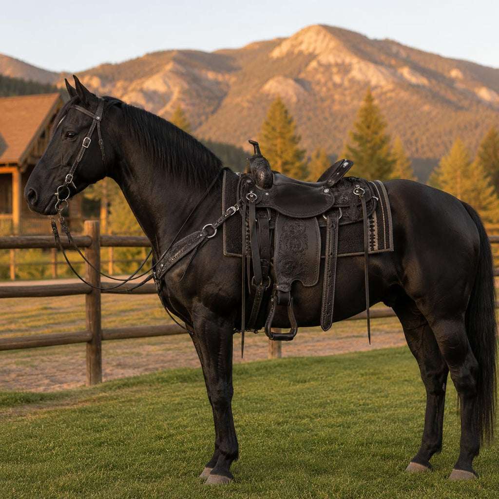 Black Floral Tooled Leather Western Saddles Combo Tack Set N244615