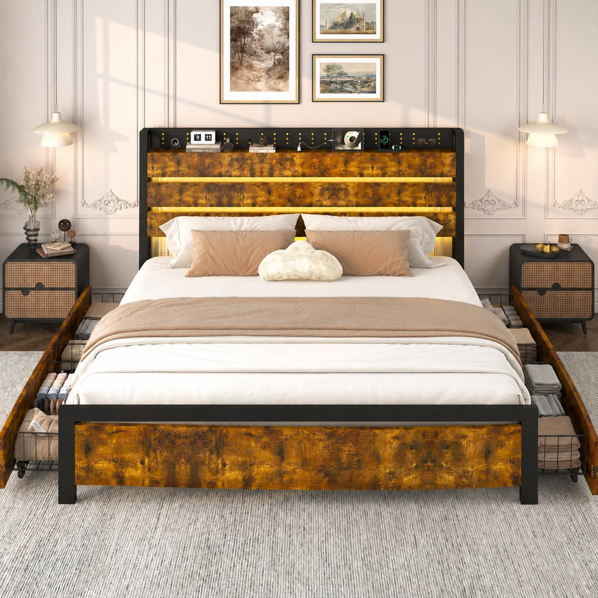 King Size Storage Bed Frame with 4 Drawers, Metal Bed Frame with Headboard Charging Station & Led Lights, Heavy Duty Platform Bedframe, No Box Spring Needed, Noise Free, Easy Assembly, Brown U901