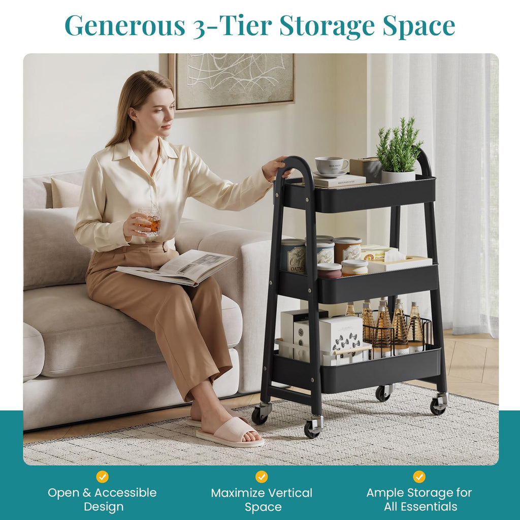 3-Tier Metal Rolling Utility Cart with Lockable Wheels P439301