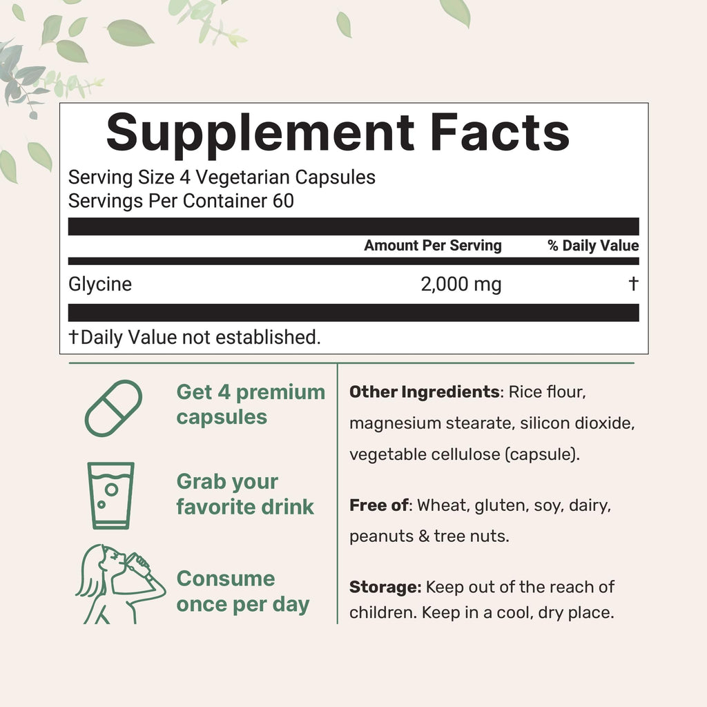 Glycine 2,000mg 240 Veggie Capsules Double Strength Amino Acids P517