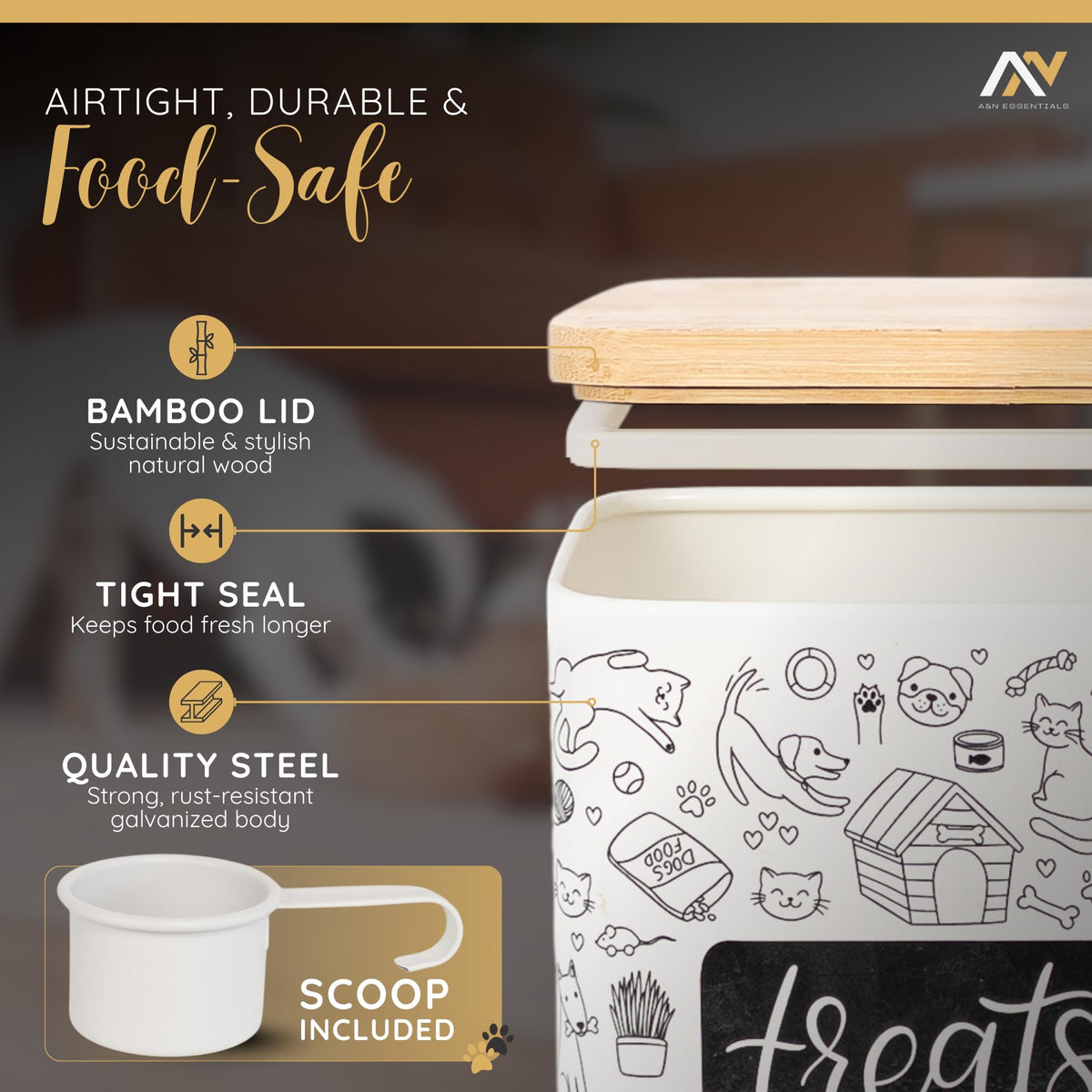 3-Piece Airtight Galvanized Steel Pet Food Storage Container Set with Bamboo Lids P590804