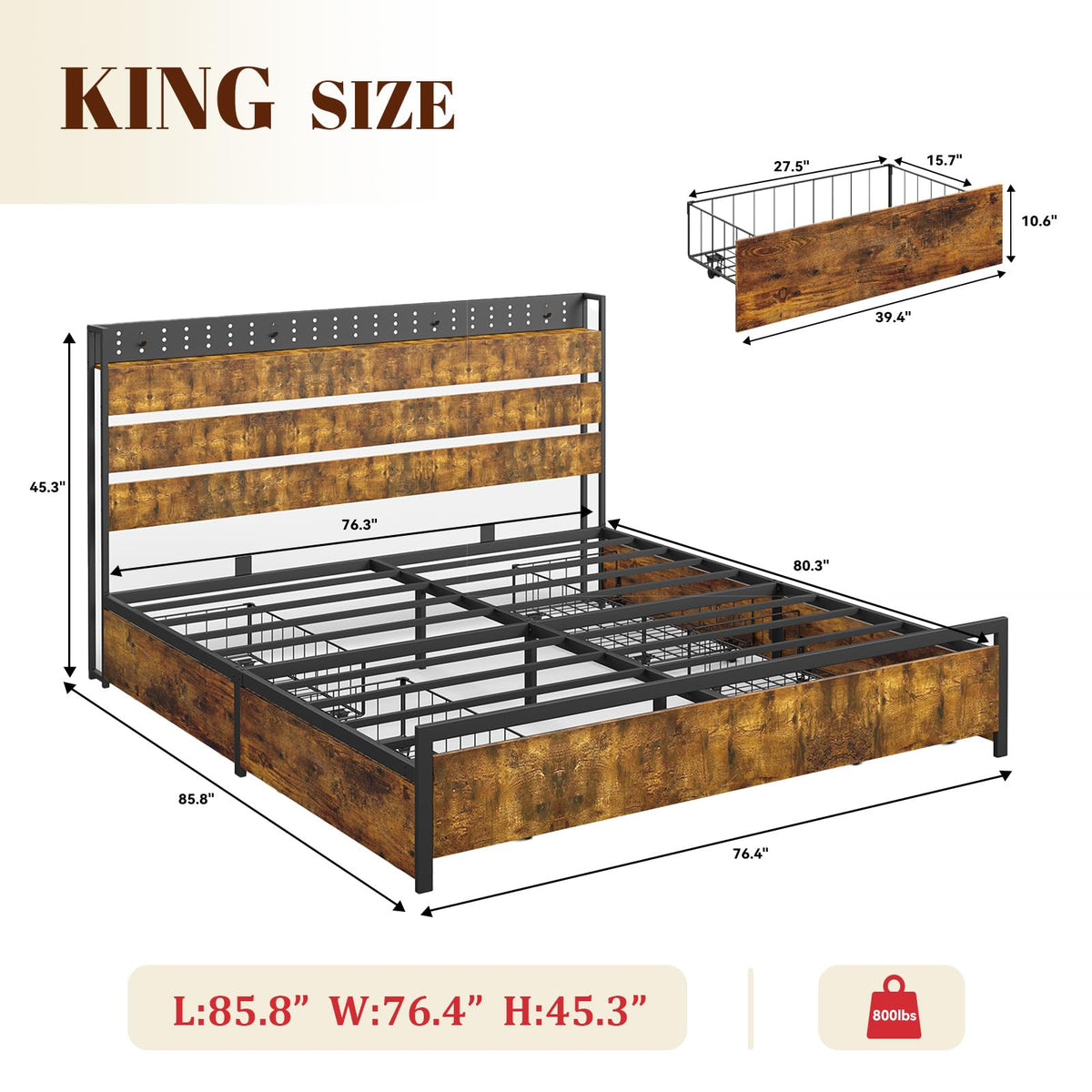 King Size Storage Bed Frame with 4 Drawers, Metal Bed Frame with Headboard Charging Station & Led Lights, Heavy Duty Platform Bedframe, No Box Spring Needed, Noise Free, Easy Assembly, Brown U901