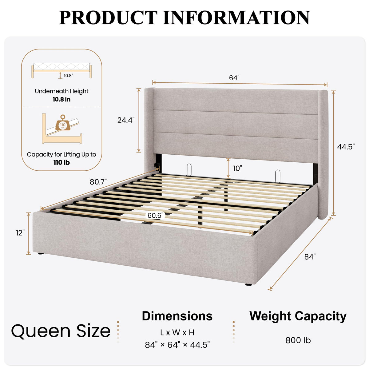 Queen Size Lift Up Hydraulic Storage Bed Frame Light Beige K43379