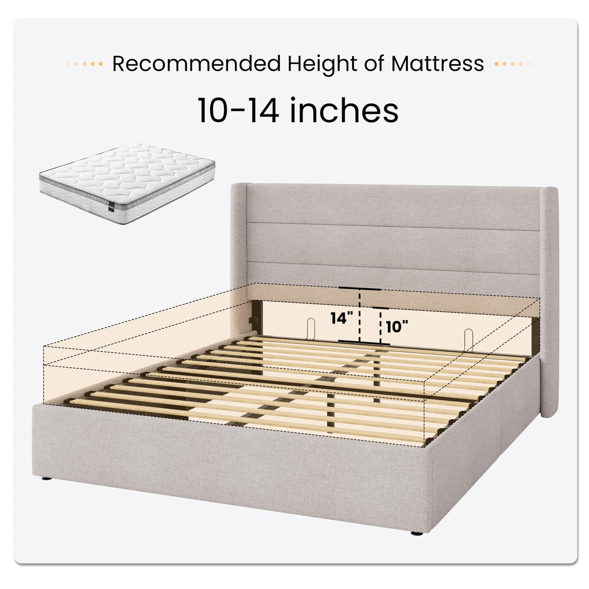 Queen Size Lift Up Hydraulic Storage Bed Frame Light Beige K43379
