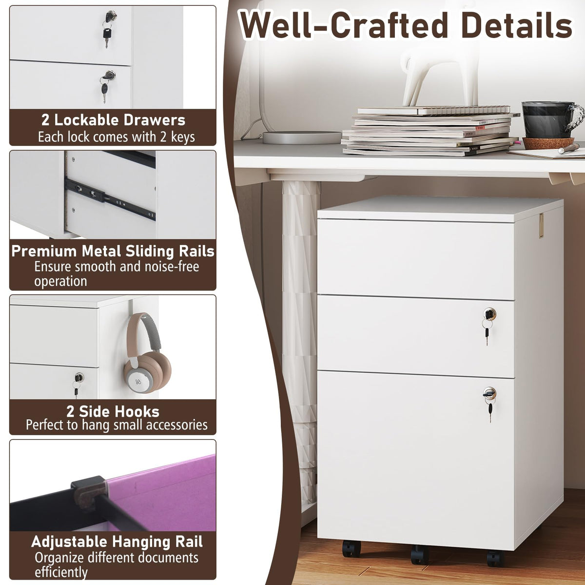 White 3 Drawer File Cabinet with Lock J439