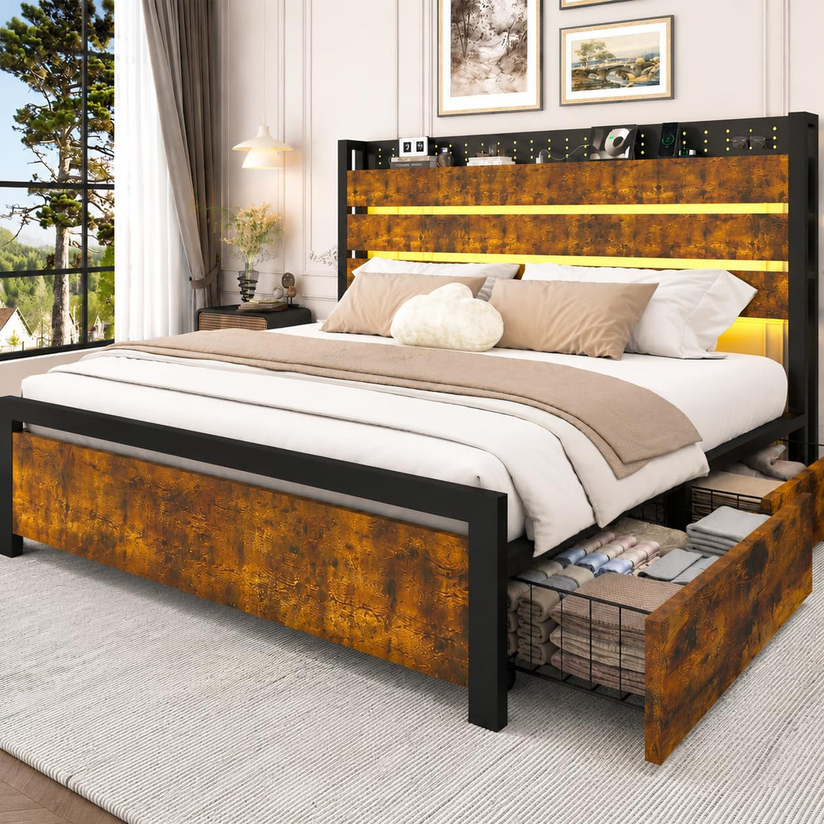 King Size Storage Bed Frame with 4 Drawers, Metal Bed Frame with Headboard Charging Station & Led Lights, Heavy Duty Platform Bedframe, No Box Spring Needed, Noise Free, Easy Assembly, Brown U901