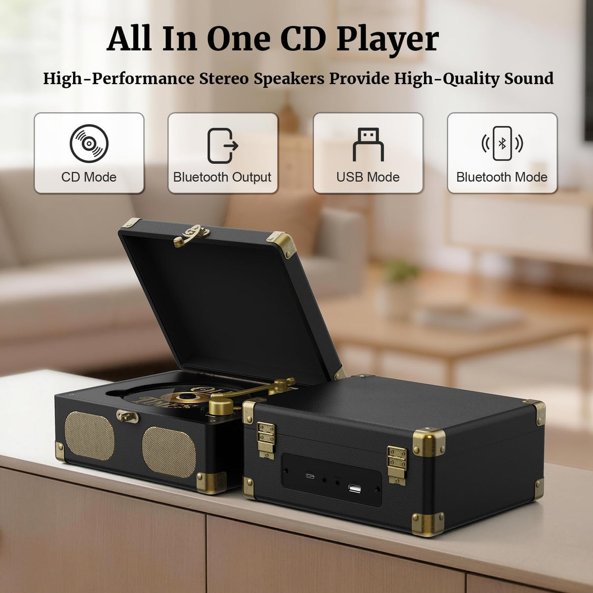 Black Portable CD Player with Speakers, Bluetooth, Remote Control, USB Playback M37497