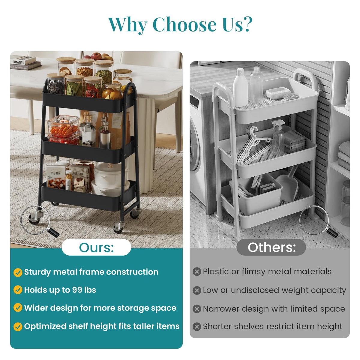3-Tier Metal Rolling Utility Cart with Lockable Wheels P439301