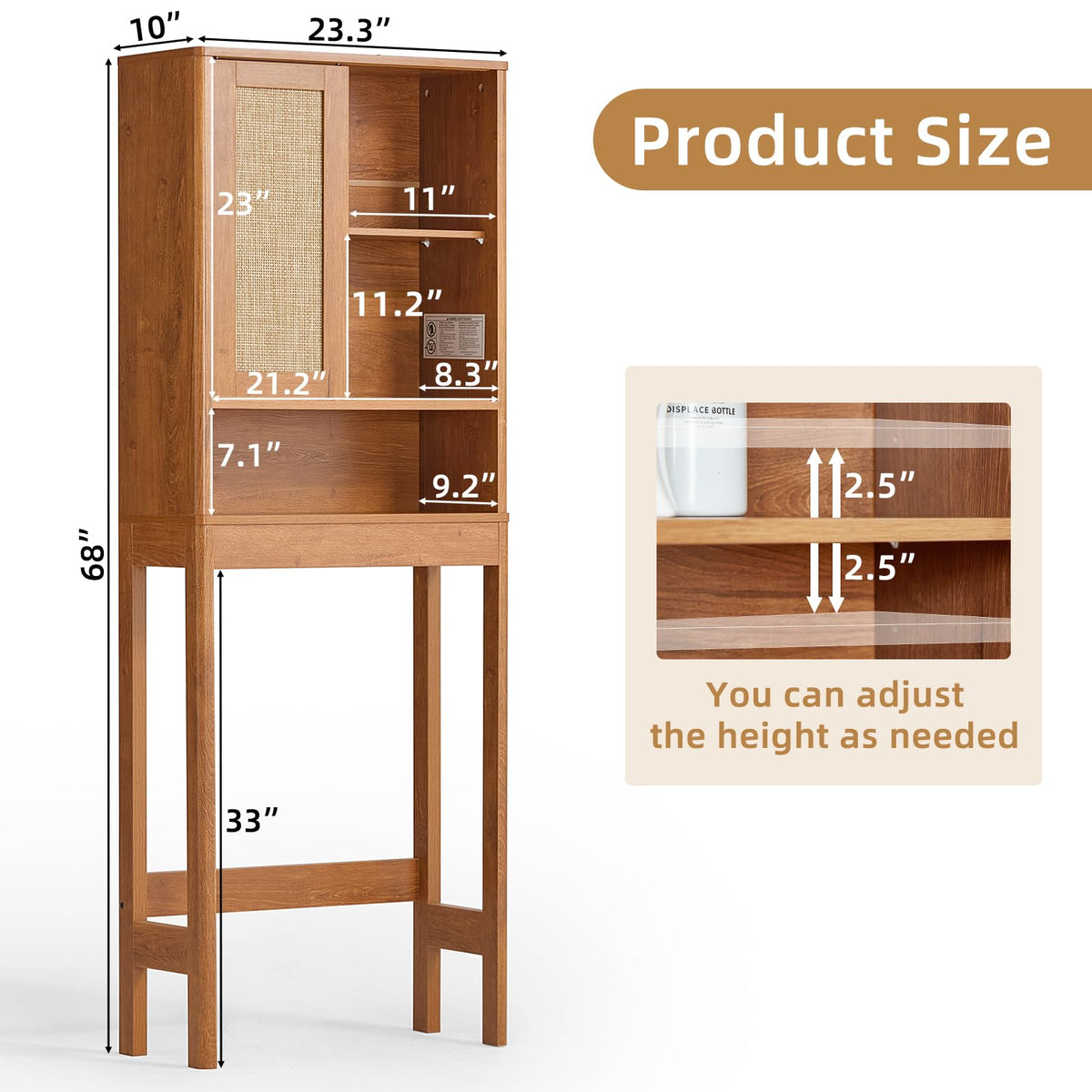68" Over the Toilet Storage Cabinet with Rattan Sliding Door H44693