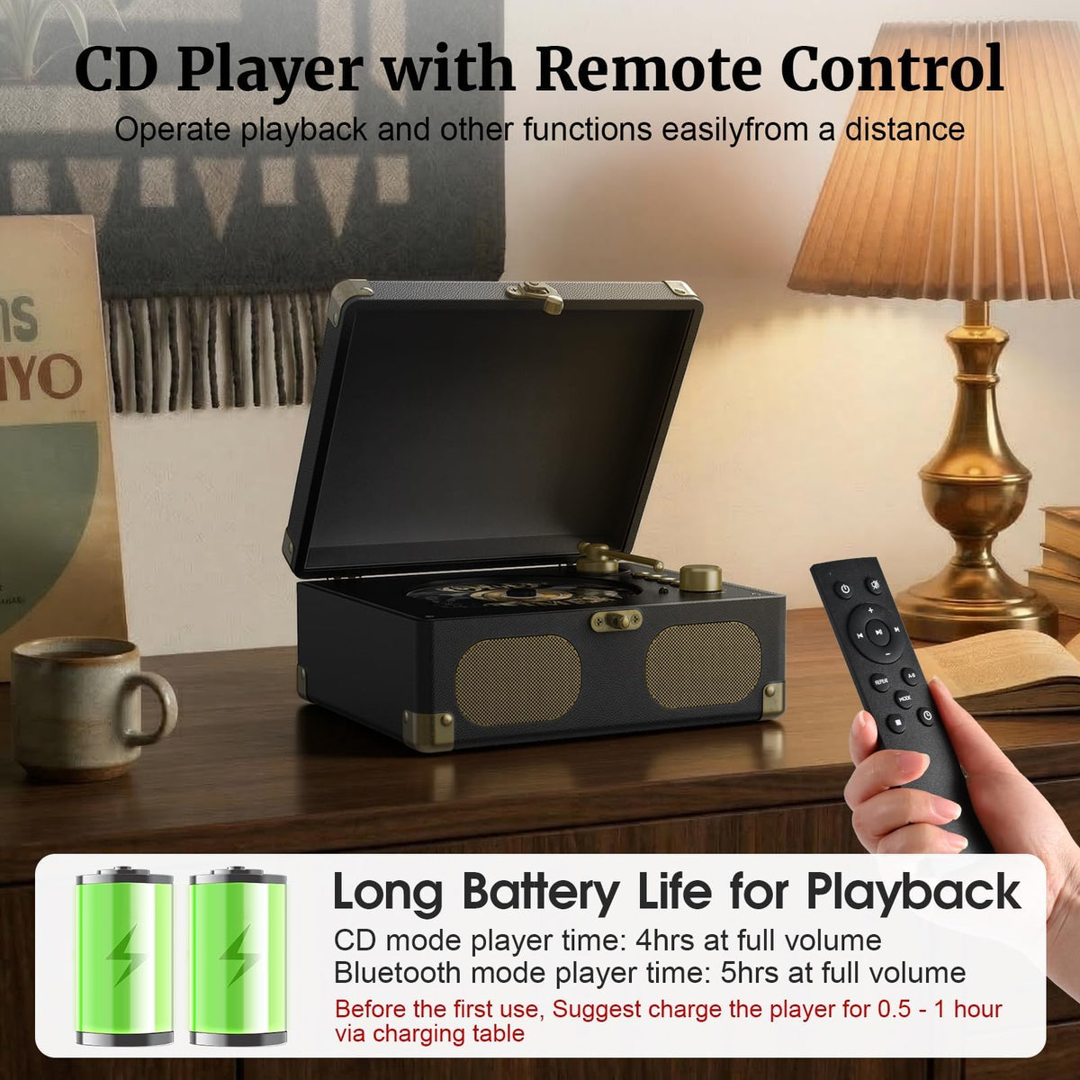 Black Portable CD Player with Speakers, Bluetooth, Remote Control, USB Playback M37497