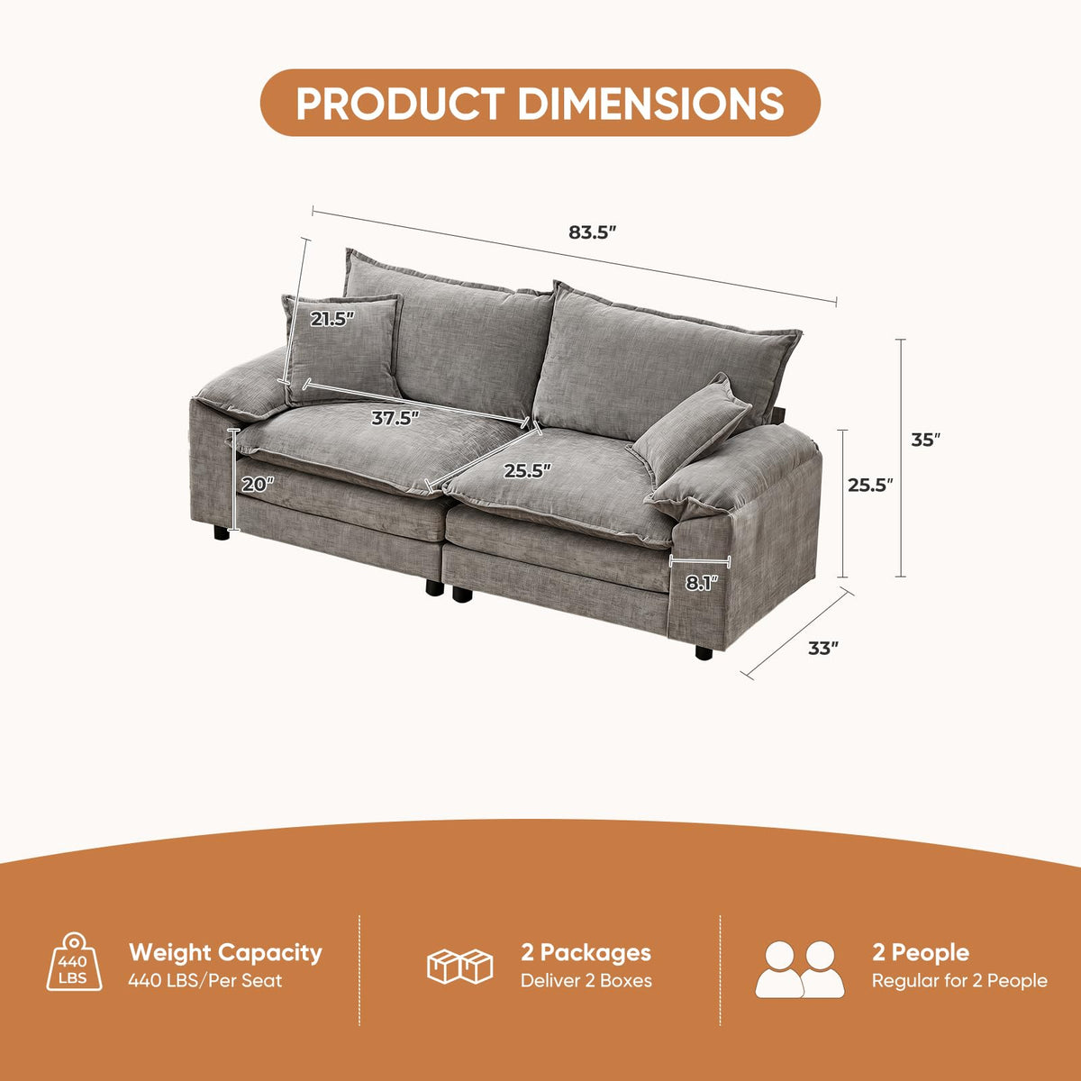 Light Gray Chenille 2 Seater Sofa with Pillows E12929