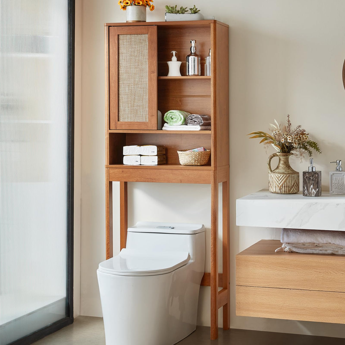 68" Over the Toilet Storage Cabinet with Rattan Sliding Door H44693