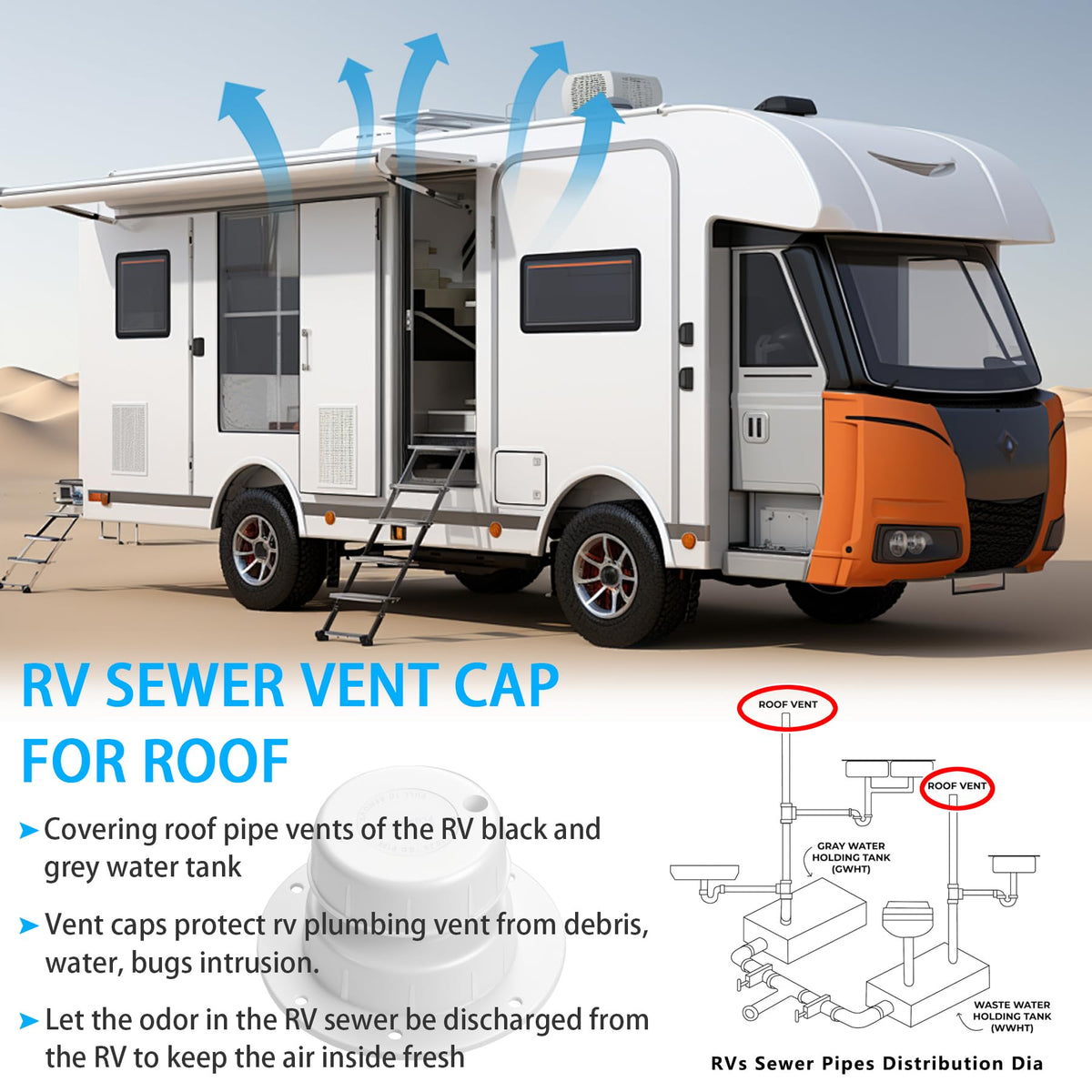 RV Plumbing Vent Cap Fits 1 to 2 3/8 Inch Pipe White 2 Pack Y701917