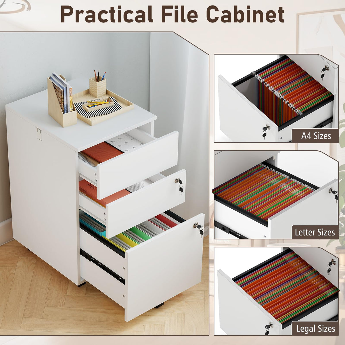White 3 Drawer File Cabinet with Lock J439