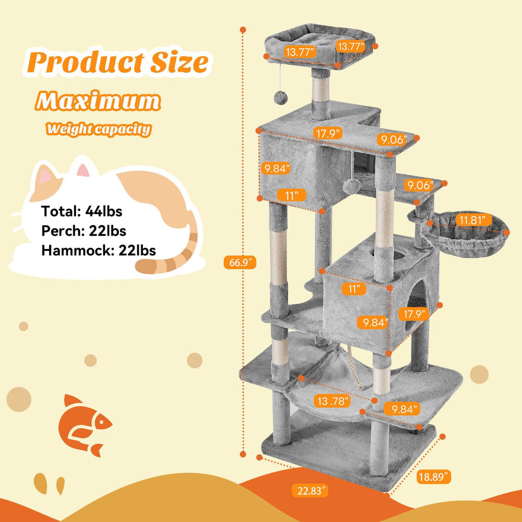 66 Inch Cat Tree Tower with Sisal Scratching Post Q96795