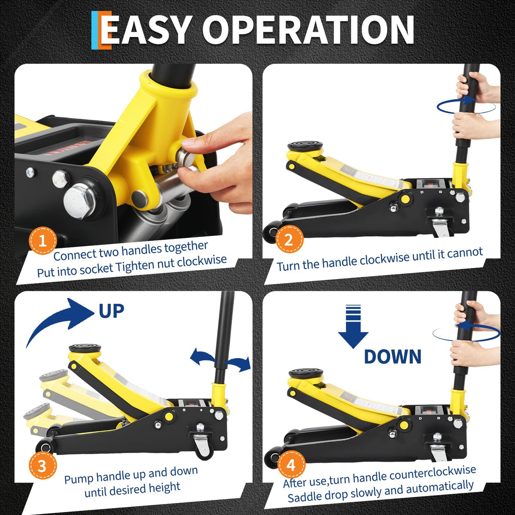 3 Ton Low Profile Hydraulic Floor Jack with Dual Piston Quick Lift Pump Steel Yellow M898391