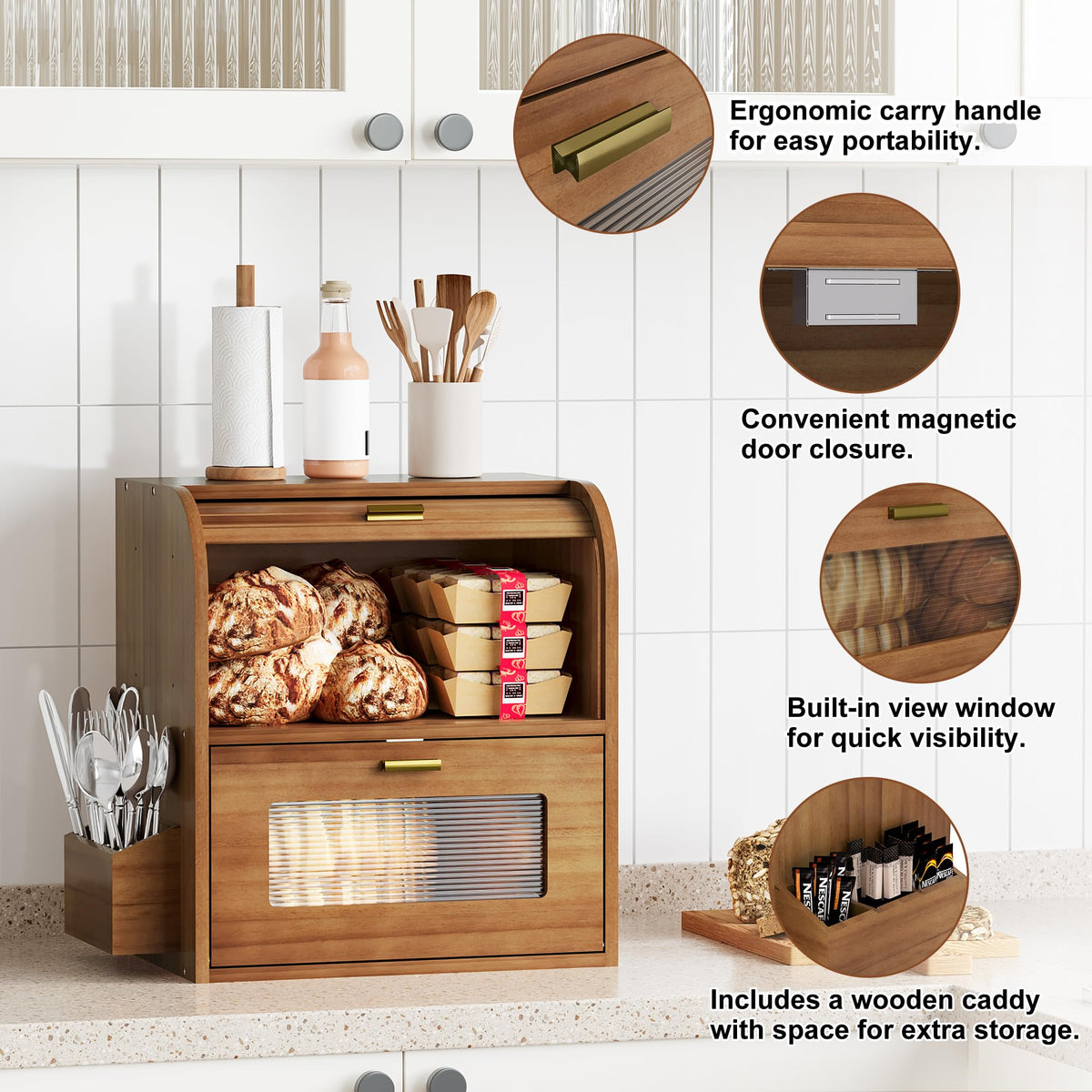 Roll Top Wooden Bread Box with Window N729